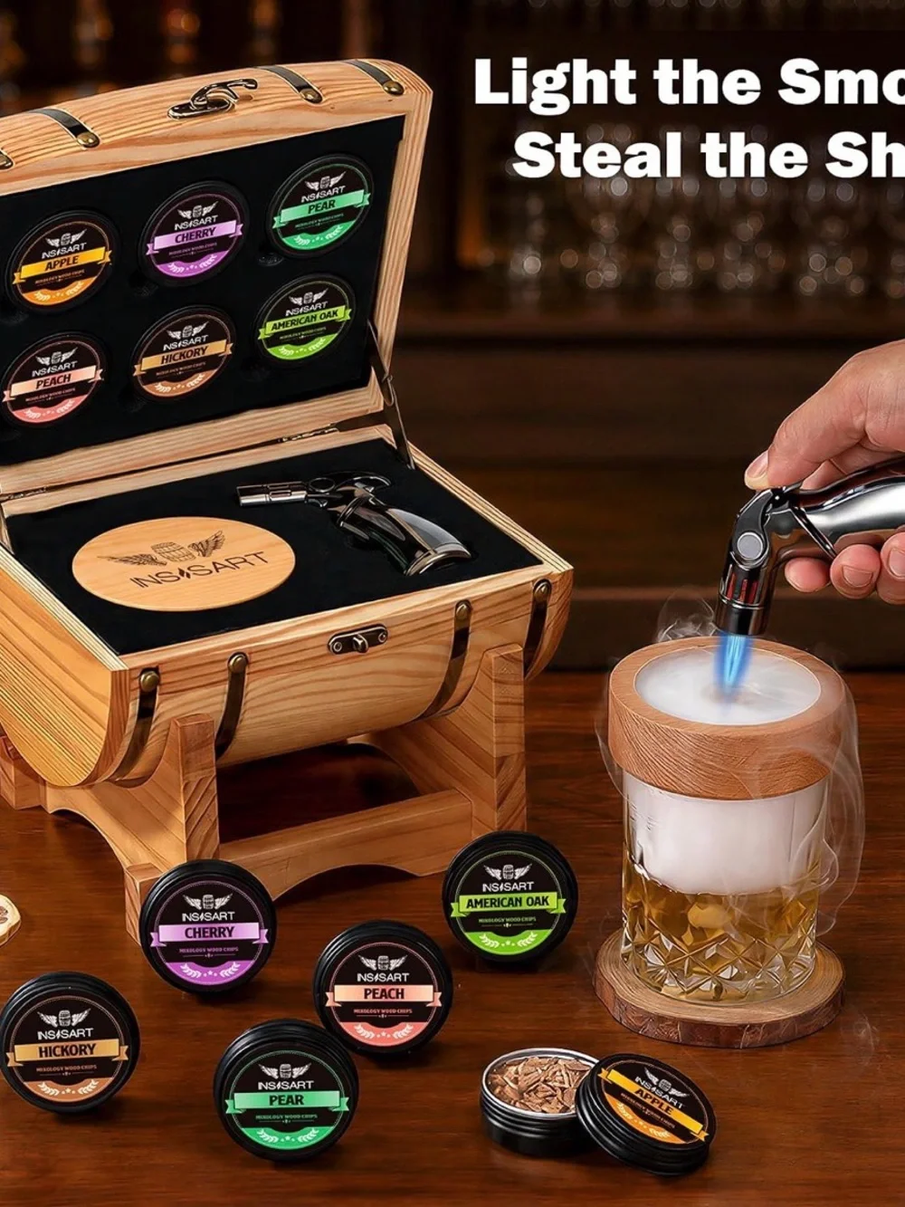 Beech Smoke Infuser Whiskey Smoker Kit in Natural Wood